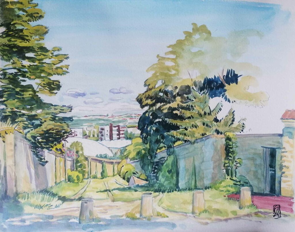 "Meudon vue depuis la forêt" - Tableau à la gouache de Florent Haentjens, juillet 2024