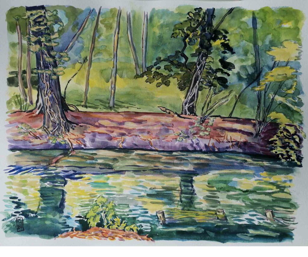 Berges de la Viosne à Pontoise - Tableau à la gouache de Florent Haentjens