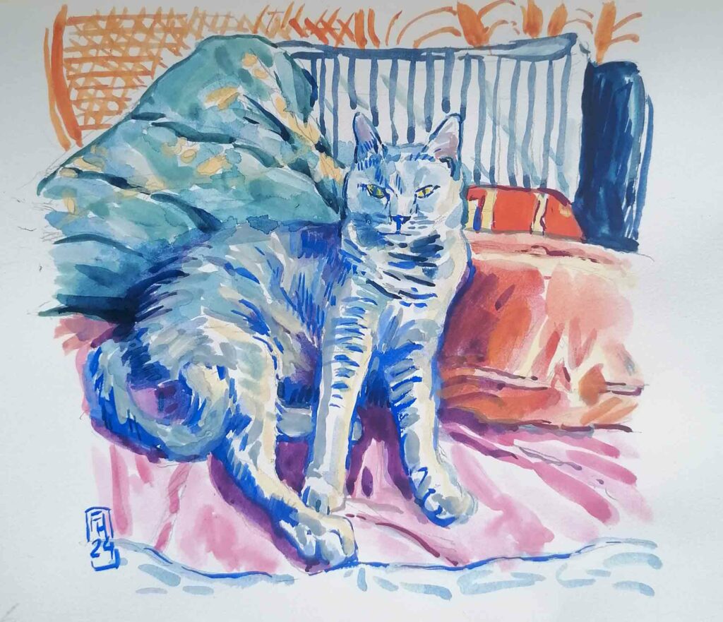 La chatte bleue - Tableau à la gouache de Florent Haentjens