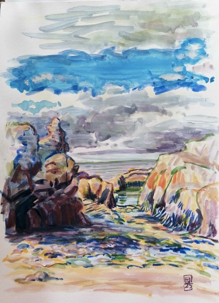 Le Pouliguen, plage du Guec - Gouache de Florent Haentjens, juin 2025