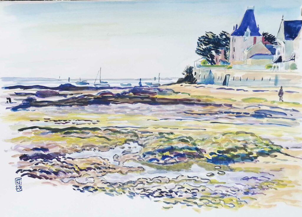 Le Pouliguen, pointe de Penchateau, lumière du matin - Peinture à la gouache de Florent Haentjens, juin 2025