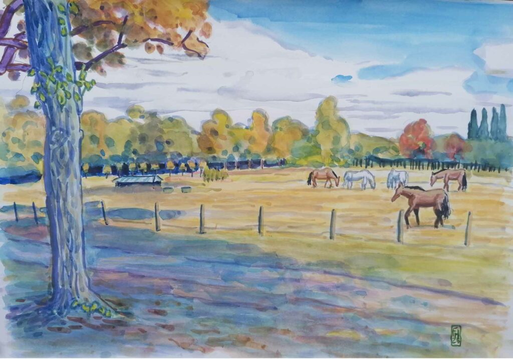 Château de Versailles, Chevaux à la plaine de la Fontaine aux Crapauds - Gouache réalisée par Florent Haentjens en août 2025