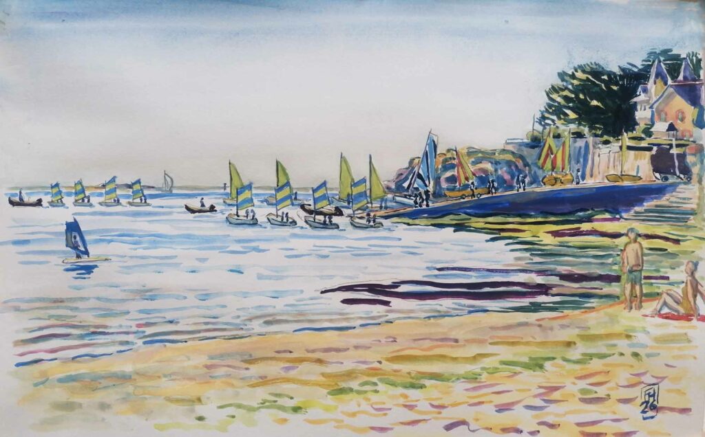 "Le Pouliguen, pointe de Penchâteau, sortie des bateaux de l'école de voile" - Peinture réalisée à la gouache par Florent Haentjens en juillet 2026