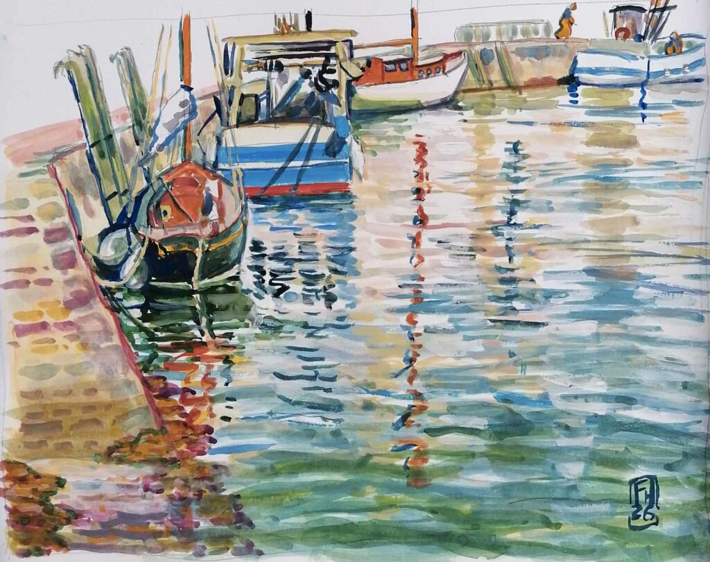 "Reflets dans le port du Pouliguen" - Tableau à la gouache de Florent Haentjens réalisé en juillet 2026
